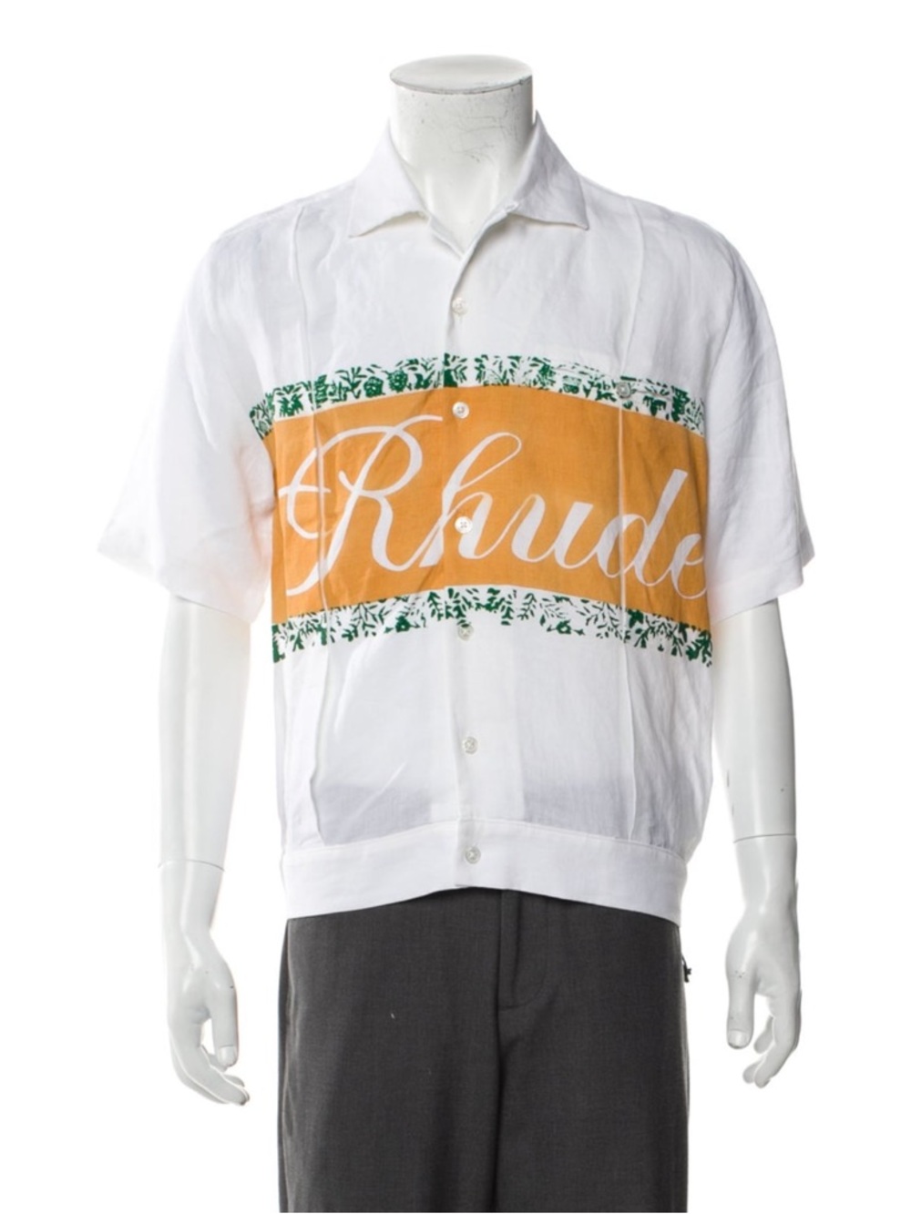 Rhude White Short Sleeve Shirt with Orange Chest Panel and Green Trim